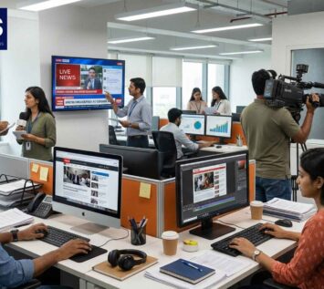 Illustration showing different roles in the news industry working together in a modern newsroom