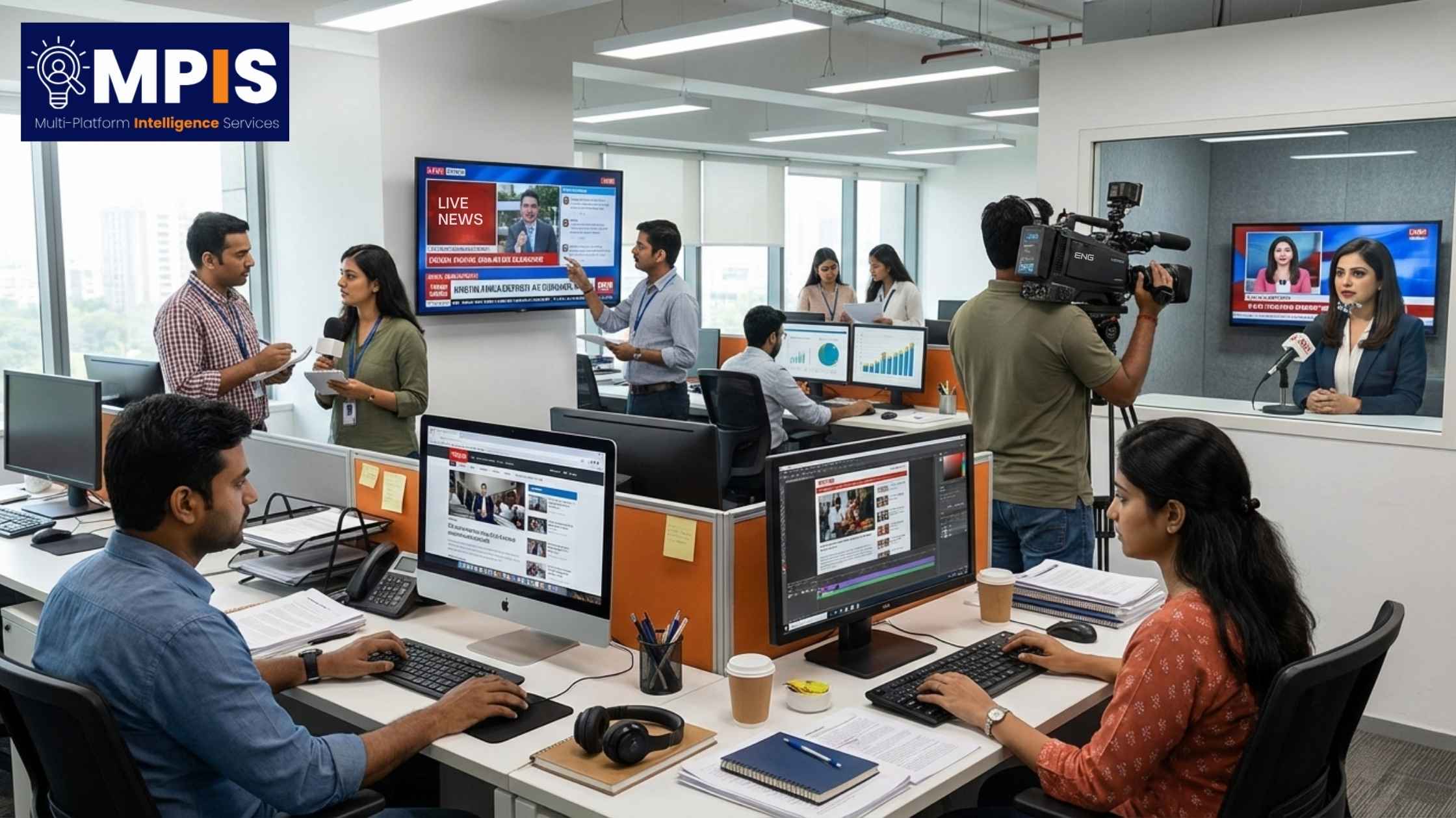 Illustration showing different roles in the news industry working together in a modern newsroom