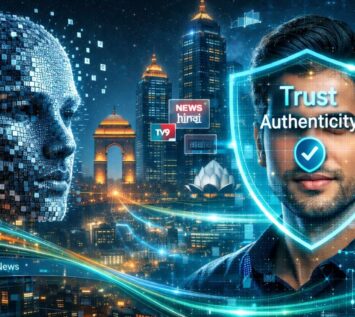 Futuristic illustration showing media monitoring in India protecting trust and brand integrity from deepfakes using AI
