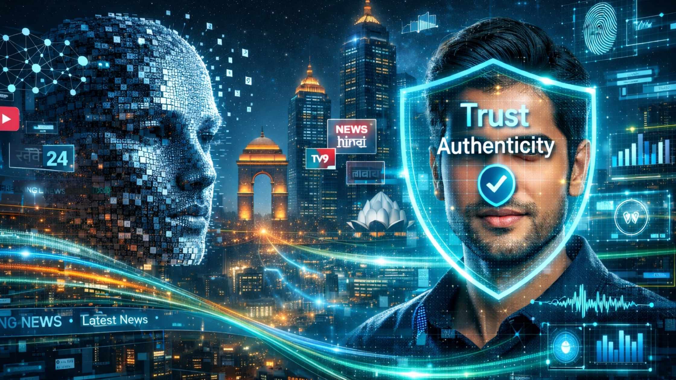 Futuristic illustration showing media monitoring in India protecting trust and brand integrity from deepfakes using AI